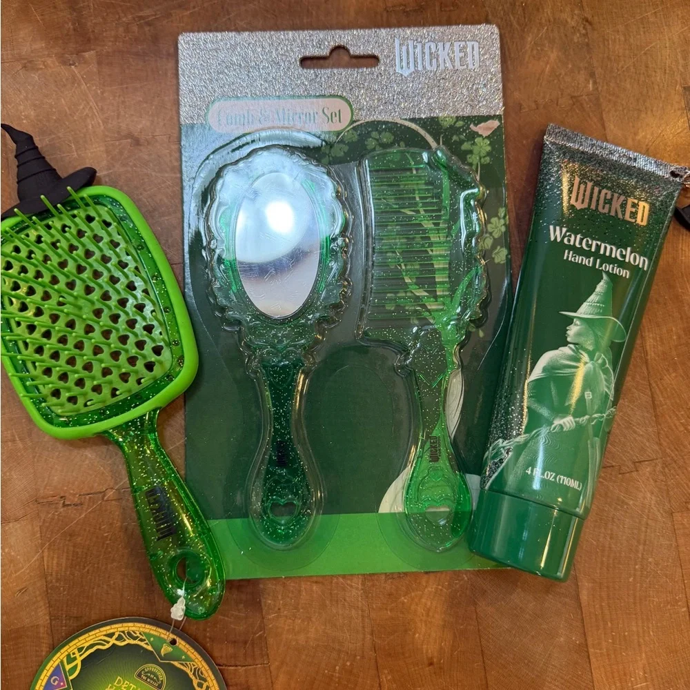 Wicked Green Hair Brush & Mirror Comb Combo with Watermelon Hand Lotion NEW